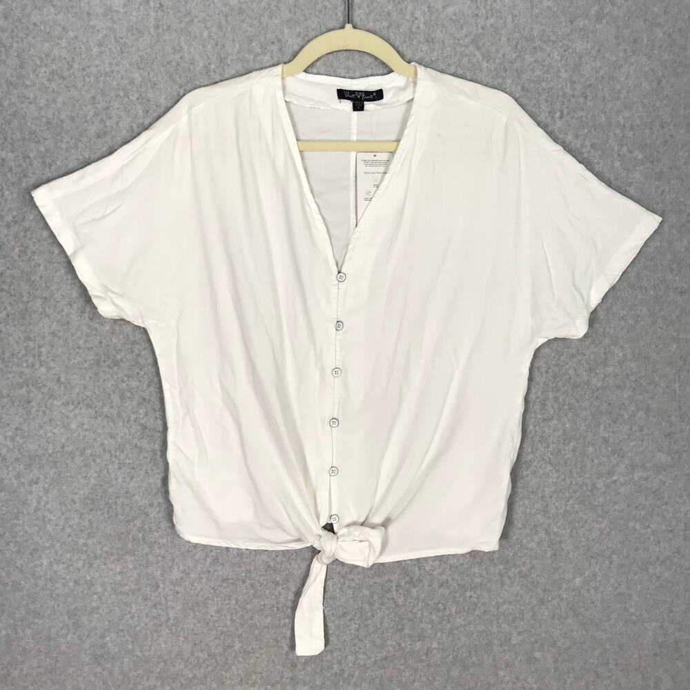 Velvet Heart Shirt Womens Small White Button Tie‎ Oversized Coastal Soft READ